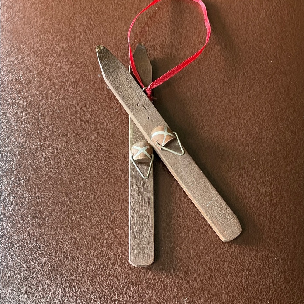VTG Wooden Ski Christmas Ornament with Red Ribbon
